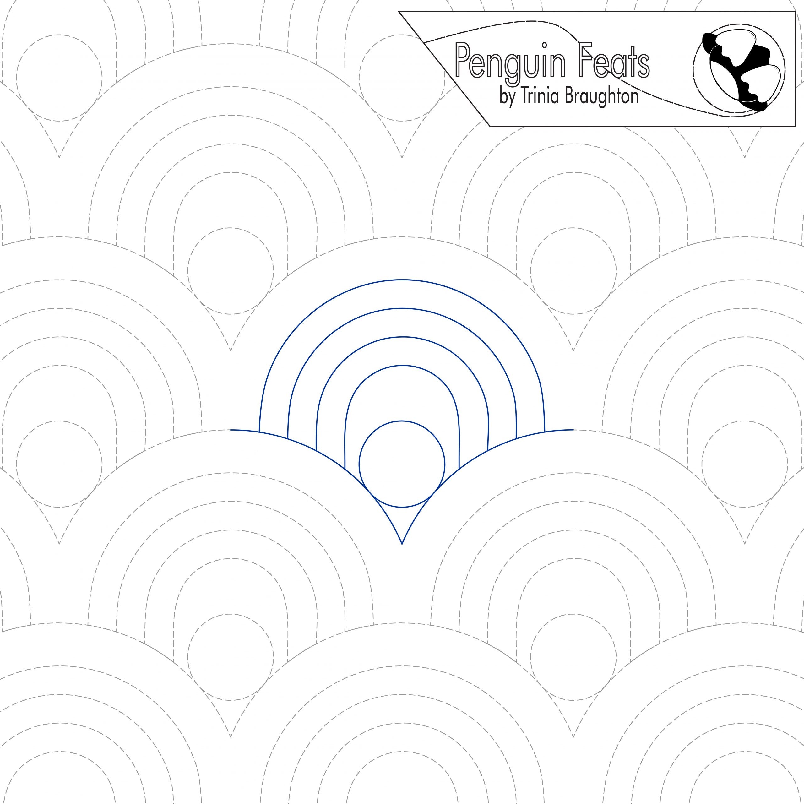 Pattern design with concentric circles and a logo for 'Penguin Feats' 