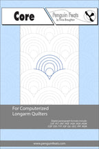 Quilting pattern sheet titled 'Core' by Penguin Feats with a blue and gray design on a light blue background.