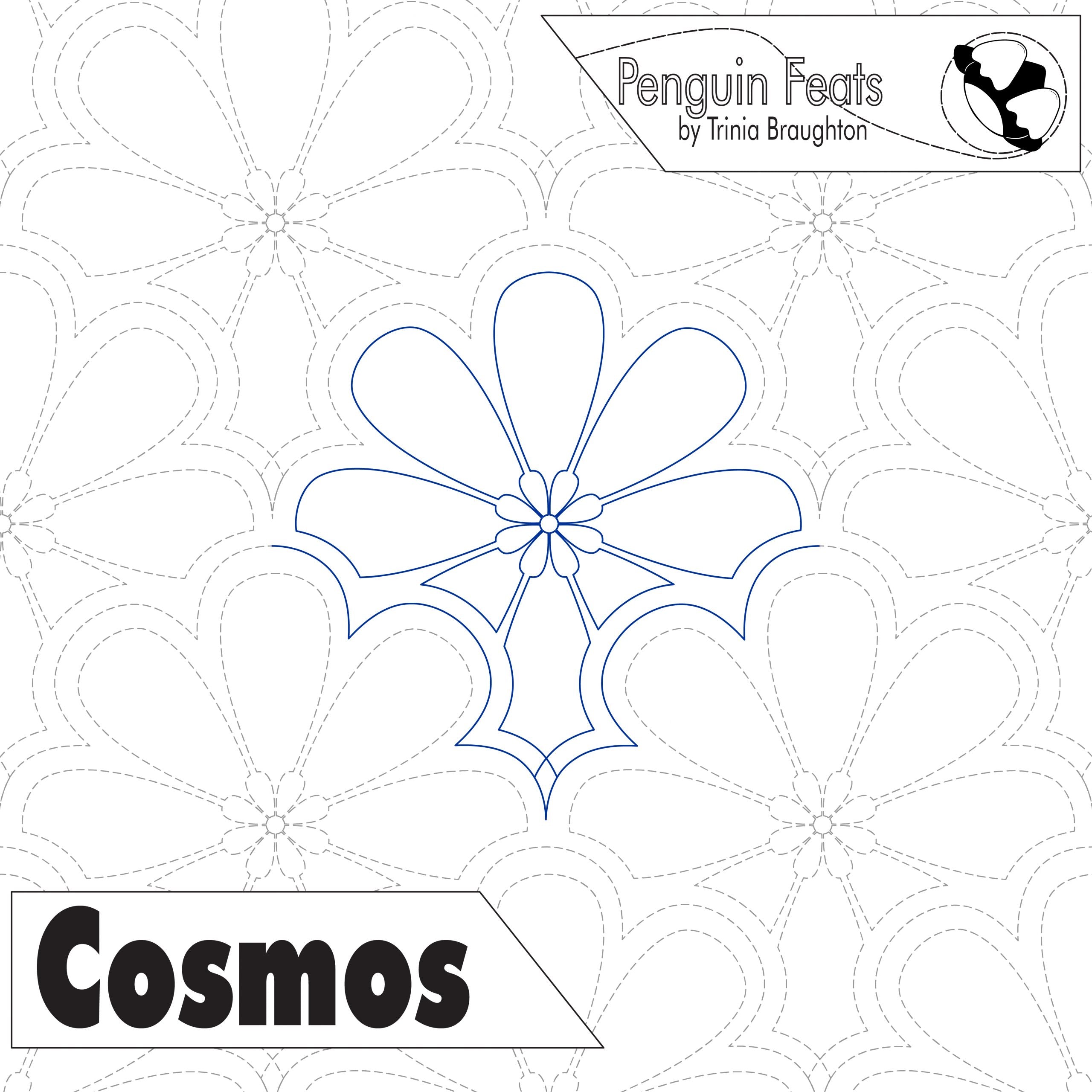 Quilting pantograph pattern labeled 'Cosmos' with 'Penguin Feats' branding.