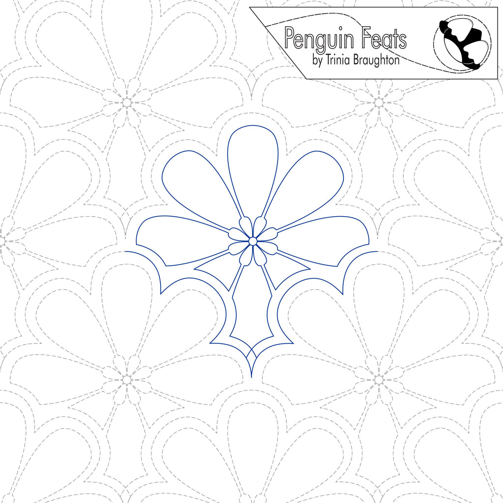 Quilting design with floral pattern on a white background, featuring the brand 'Penguin Feats' by Trinia Braughton.