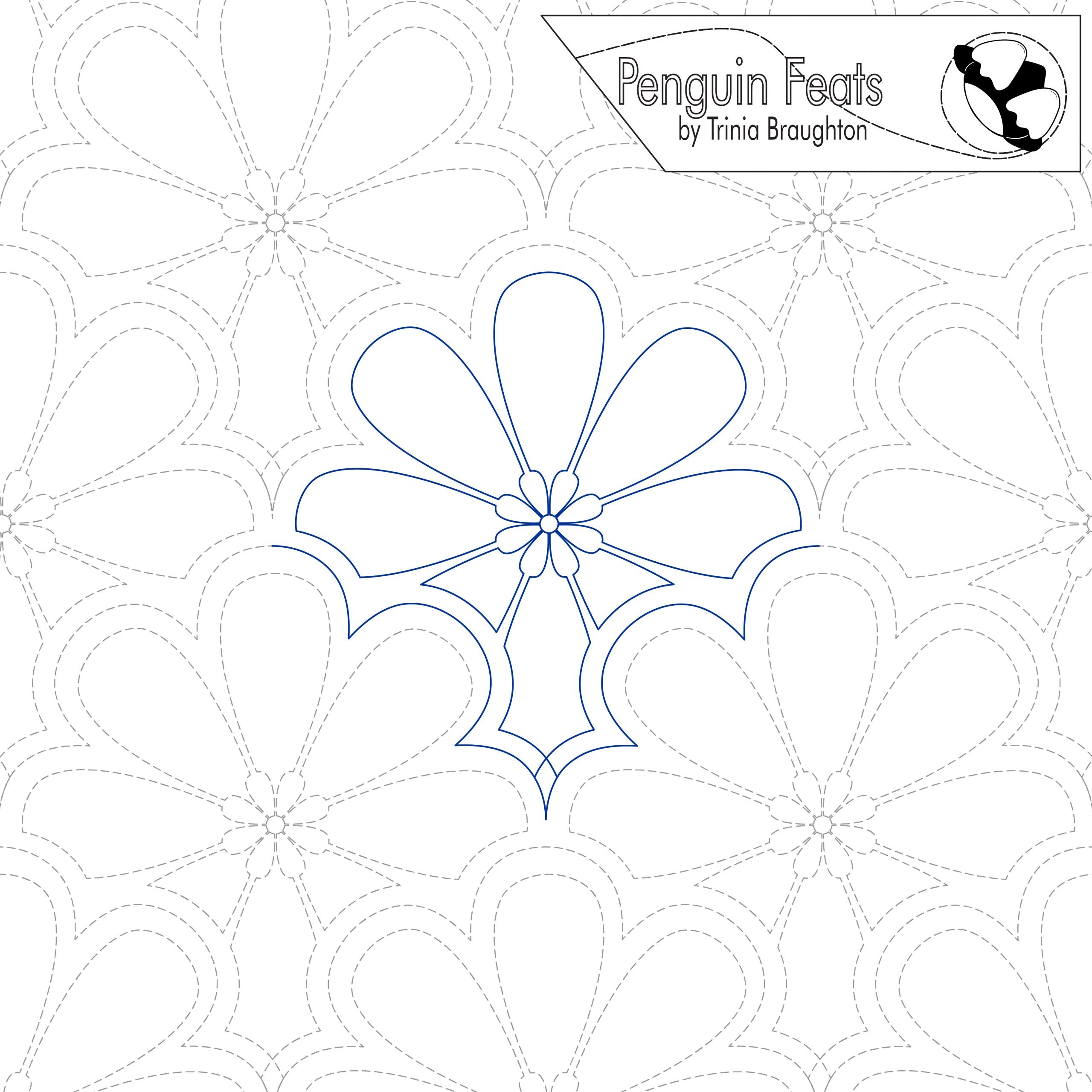 Quilting design with floral pattern on a white background, featuring the brand 'Penguin Feats' by Trinia Braughton.