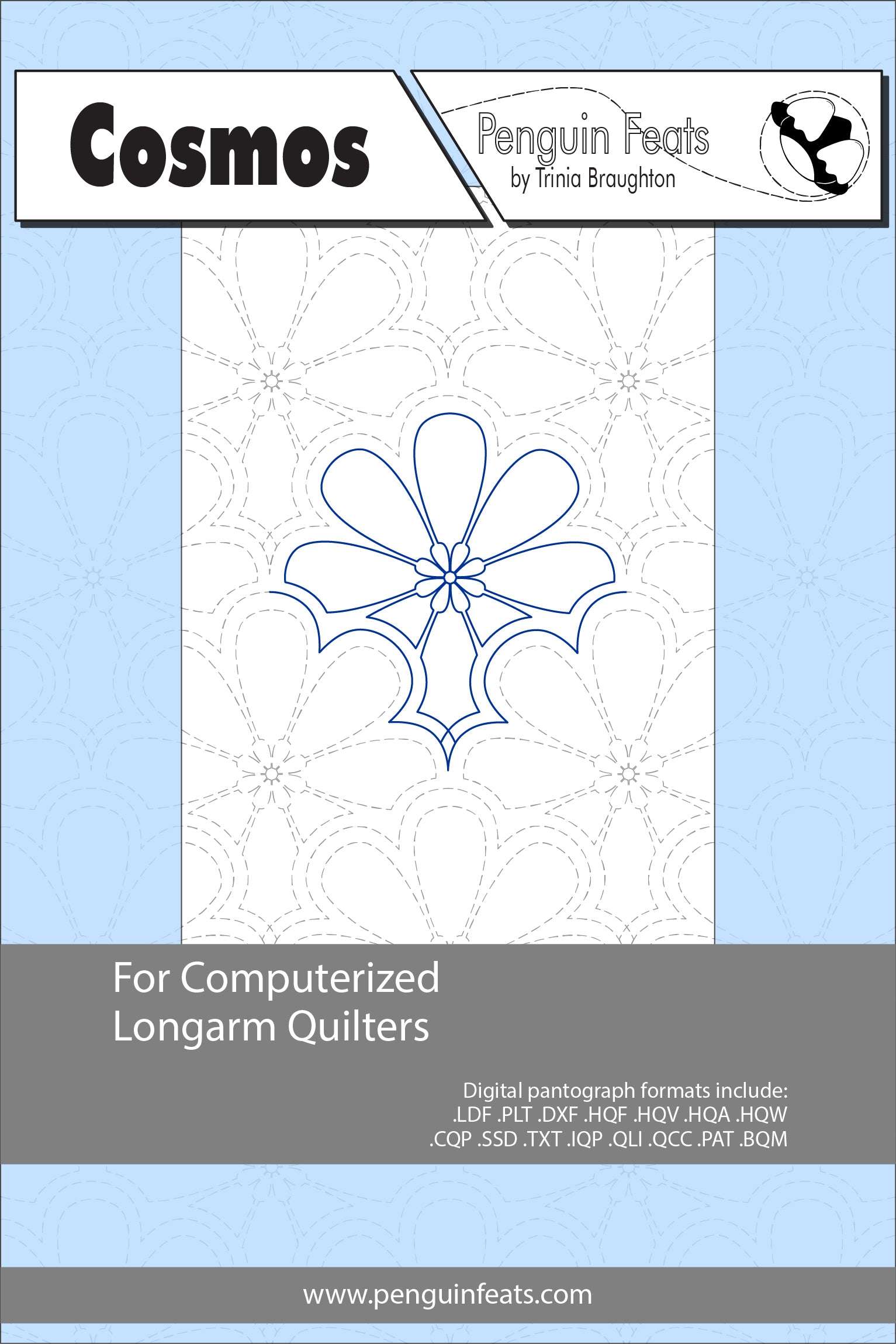 Quilting design sheet for computerized longarm quilters with a blue flower pattern on a white background.