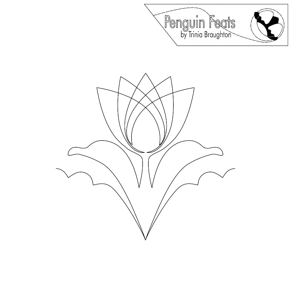 Continuous black line drawing of a flower with 'Penguin Feats by Trinia Braughton' logo above