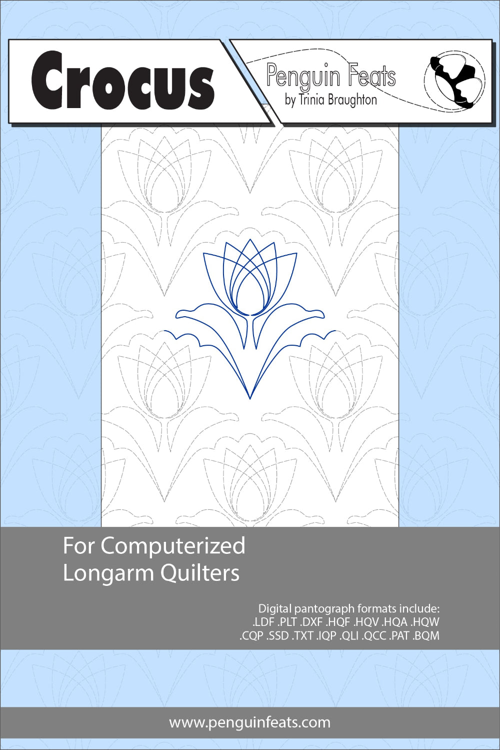 Design sheet for computerized longarm quilters with a blue flower pattern on a light blue background.