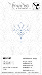 Design data sheet for a crystal quilting design with Penguin Feats by Trinia Braughton branding.