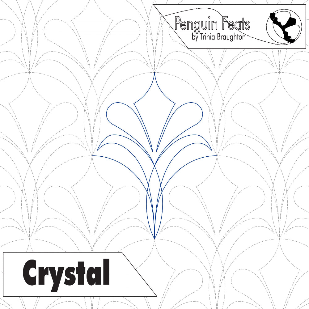 Quilting design with 'Crystal' and 'Penguin Feats' branding on a white background