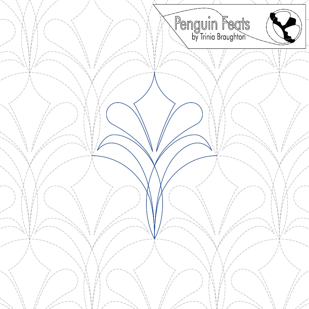 Leafy flowing quilting design in blue with grey repeat of pattern in background with 'Penguin Feats' branding