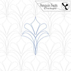 Leafy flowing quilting design in blue with grey repeat of pattern in background with 'Penguin Feats' branding