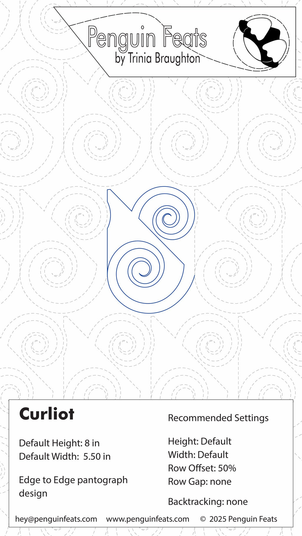 Design information for Curliot with Penguin Feats branding.
