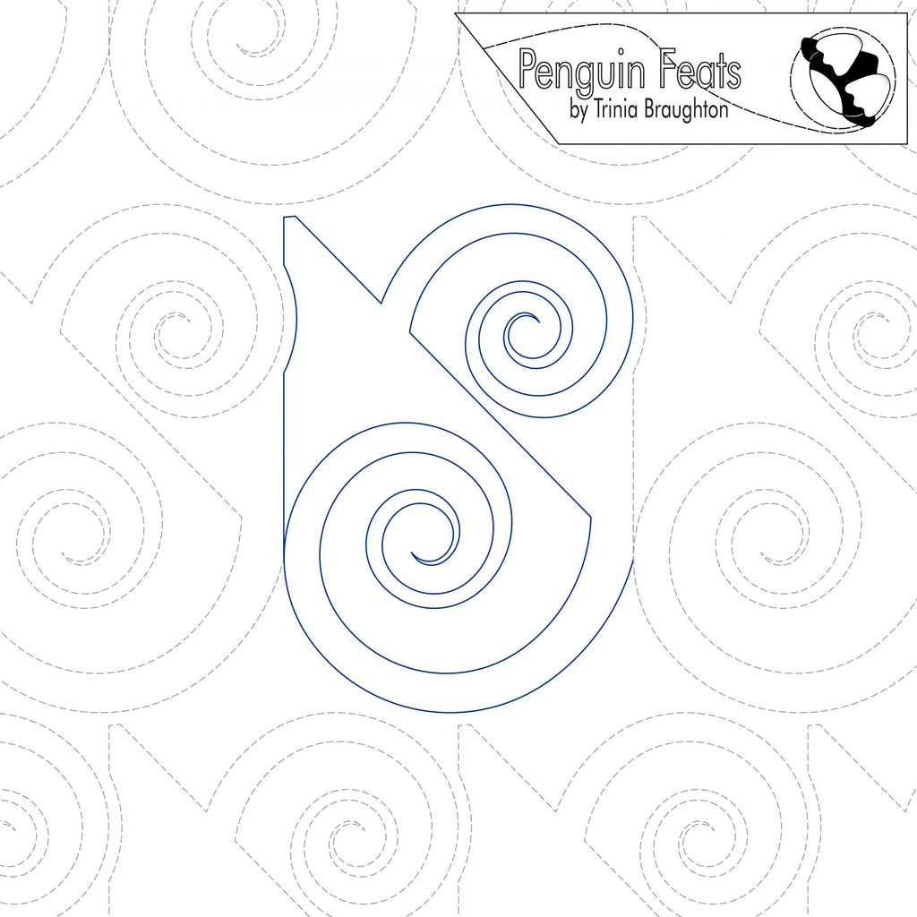 Outline of a wedge shape with swirls on a white background, featuring the brand 'Penguin Feats'.