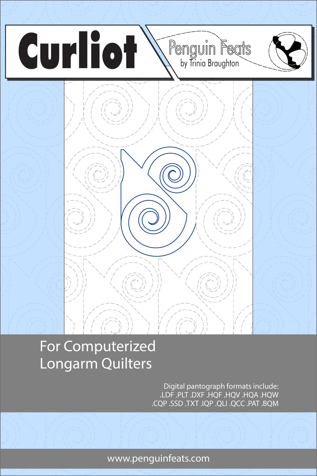 Design sheet for Curliot and computerized longarm quilters with Penguin Feats branding and pattern design.