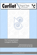 Design sheet for Curliot and computerized longarm quilters with Penguin Feats branding and pattern design.
