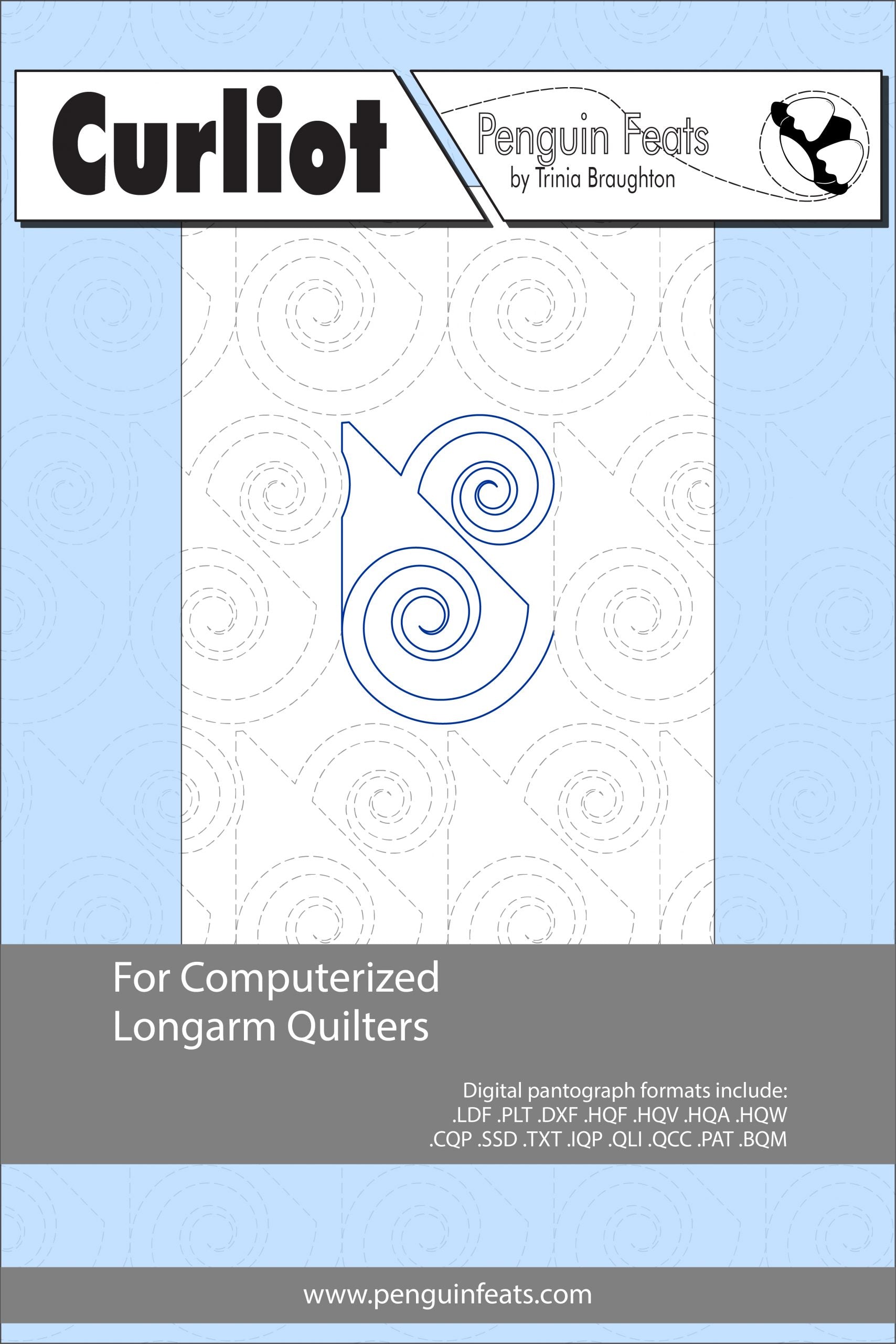Design sheet for Curliot and computerized longarm quilters with Penguin Feats branding and pattern design.
