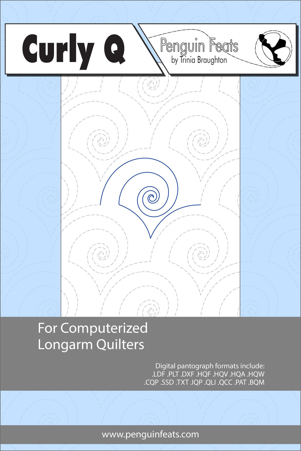 Curly Q pattern book for computerized longarm quilters with a blue and gray design on a white background.