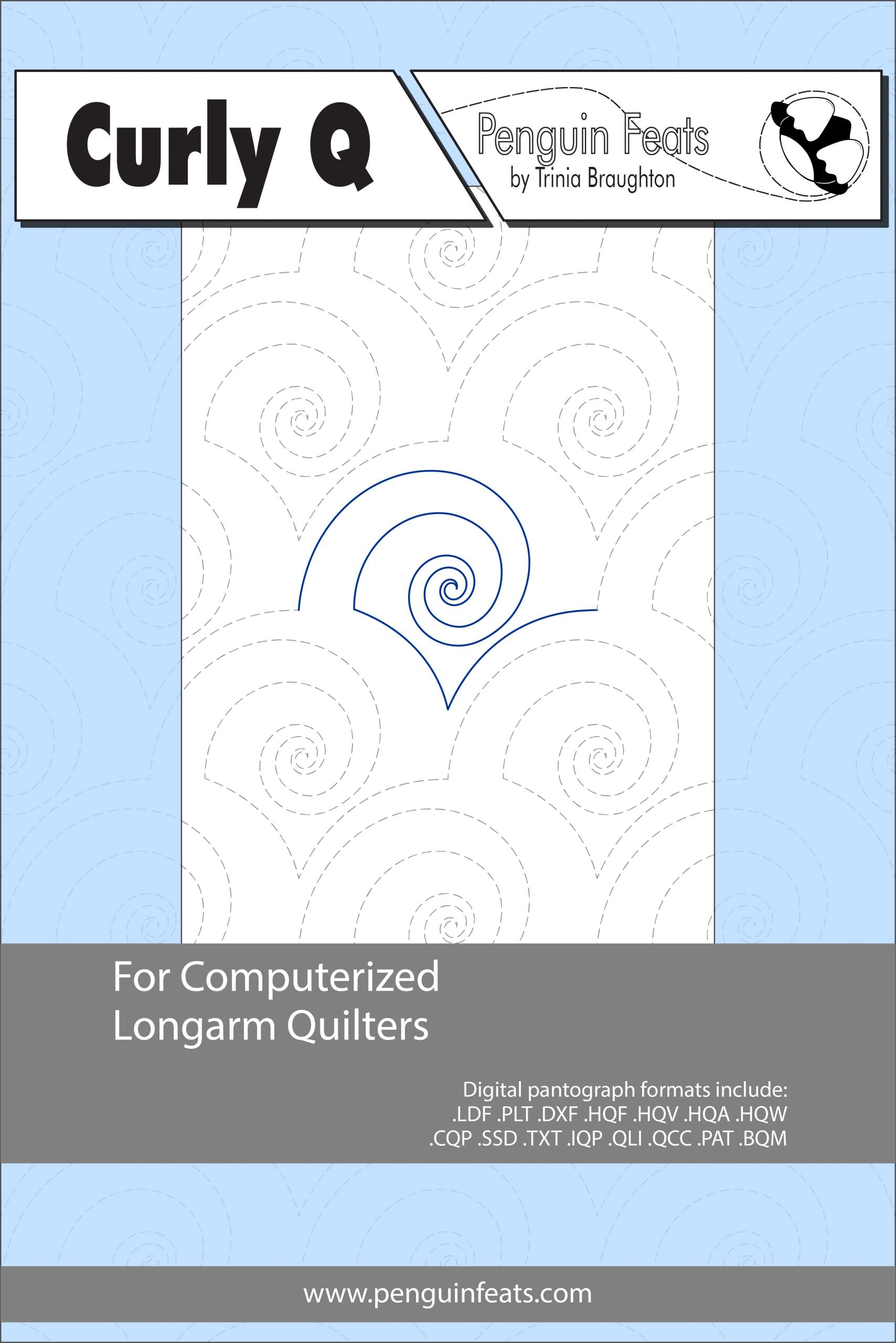 Curly Q pattern book for computerized longarm quilters with a blue and gray design on a white background.