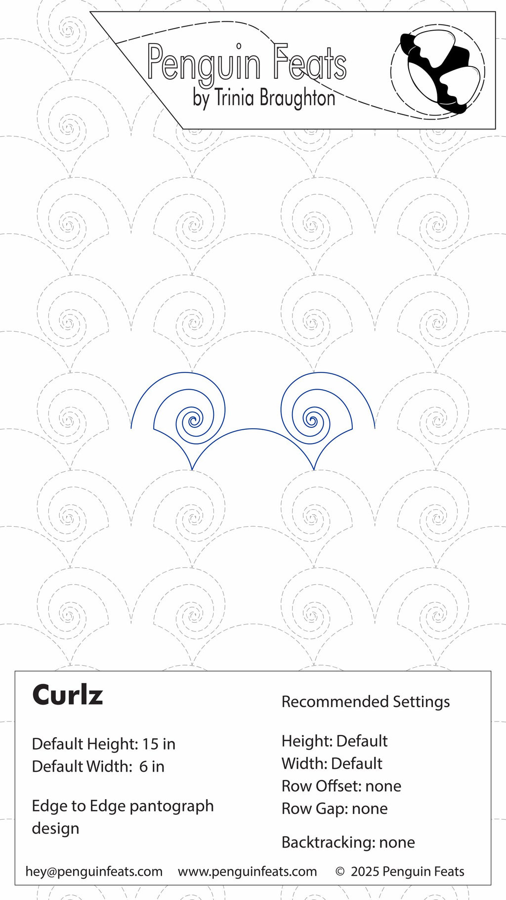 Design sheet for 'Curlz' pattern with Trinia Braughton's branding at the top.