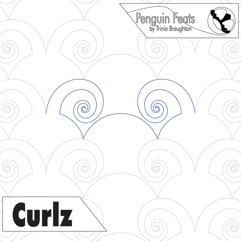 Pattern with spiral designs and 'Curlz' branding on a white background