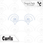 Pattern with spiral designs and 'Curlz' branding on a white background