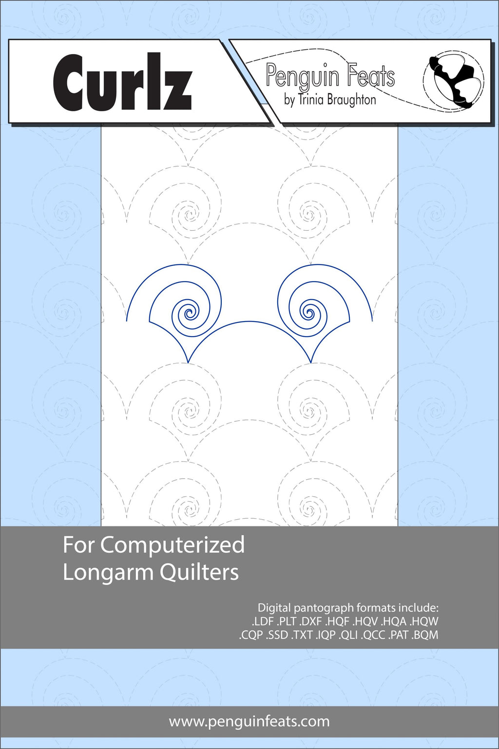 Curlz pattern sheet for computerized longarm quilters with a blue and gray design on a white background.