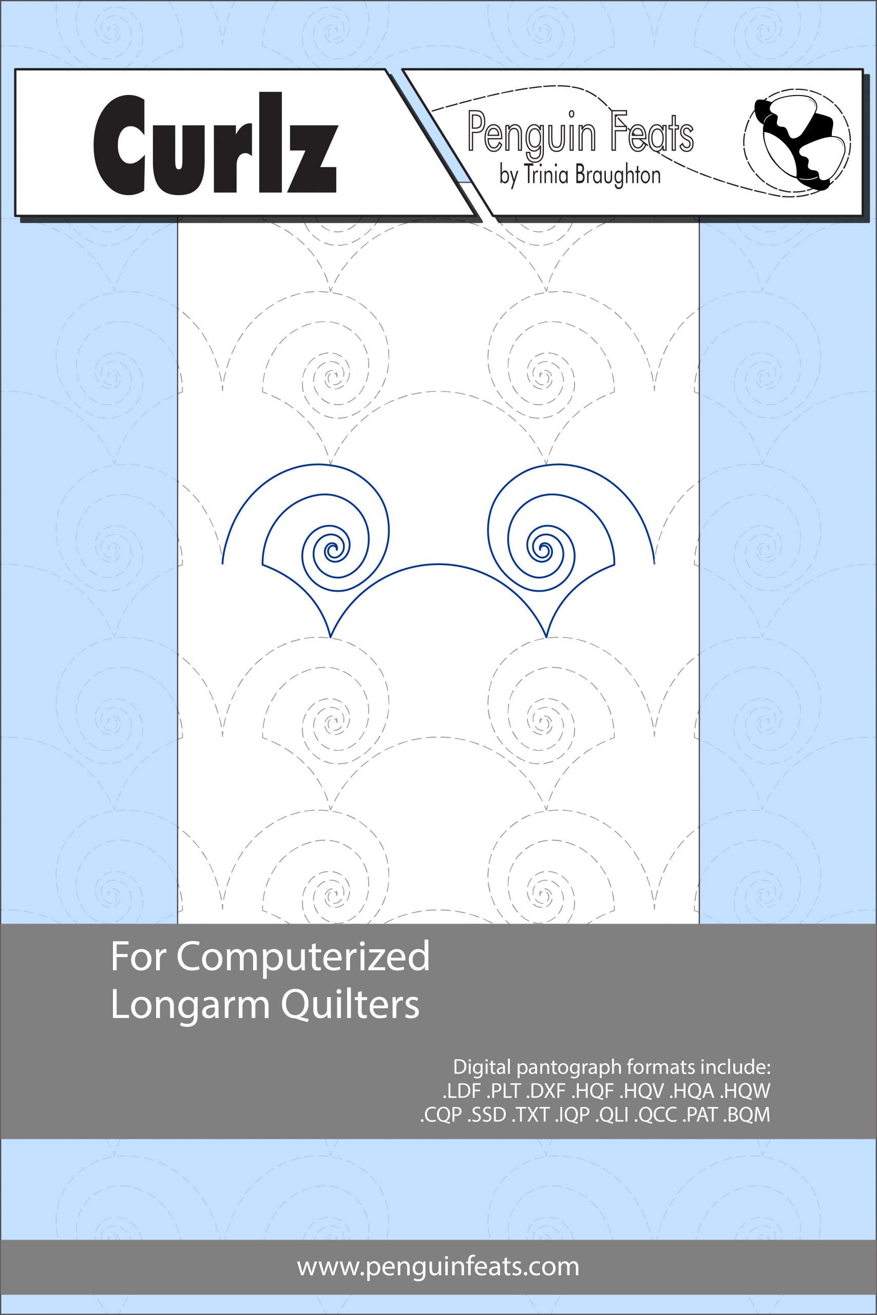 Curlz pattern sheet for computerized longarm quilters with a blue and gray design on a white background.