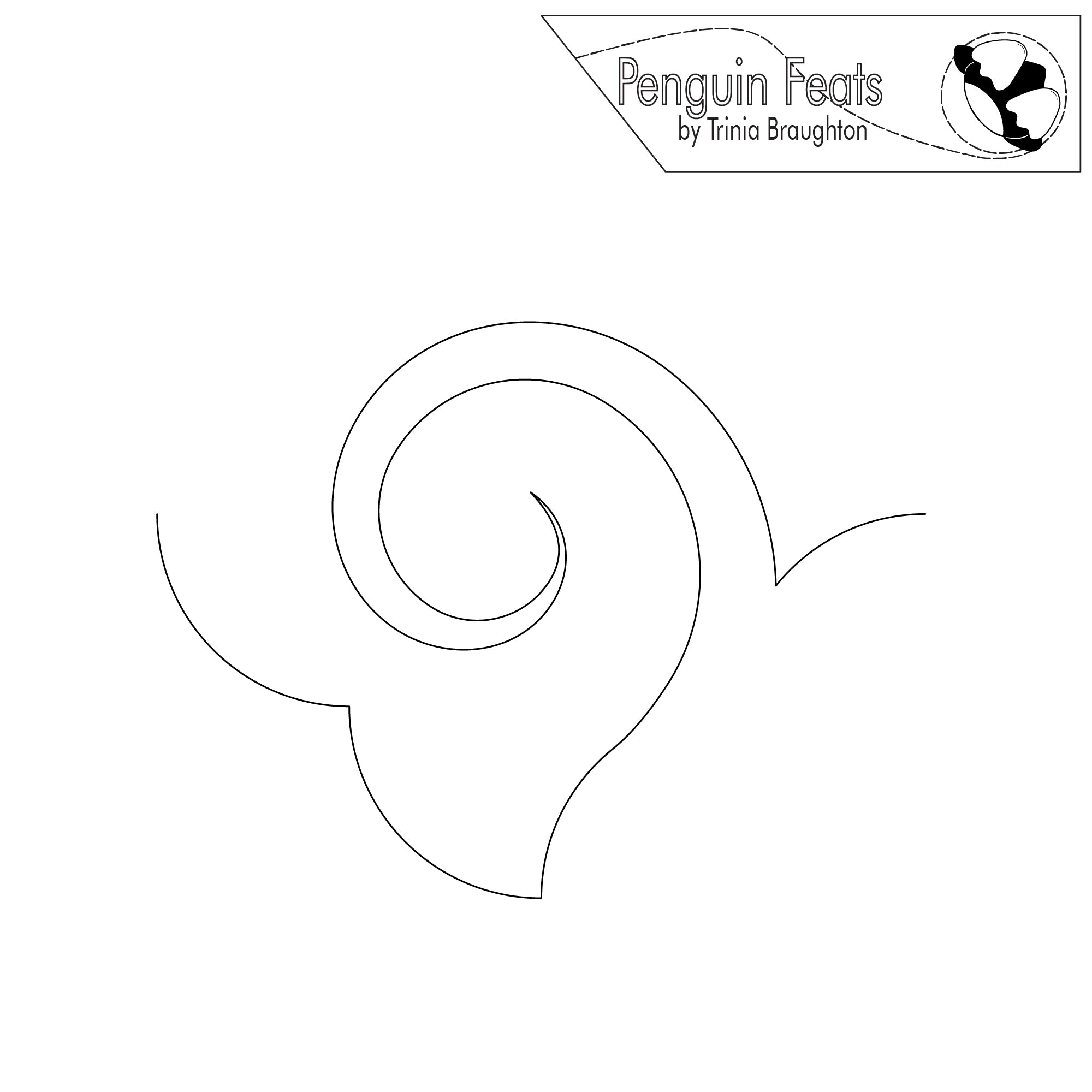 Outline of a repeating swirl design with 'Penguin Feats by Trinia Braughton' logo at the top.