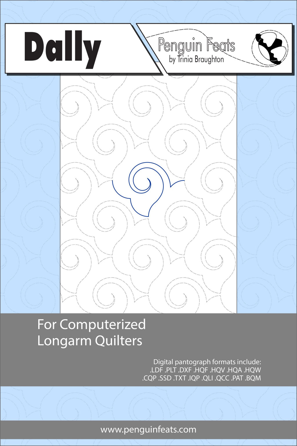 Quilting design sheet for computerized longarm quilters with a blue and gray pattern on a white background.