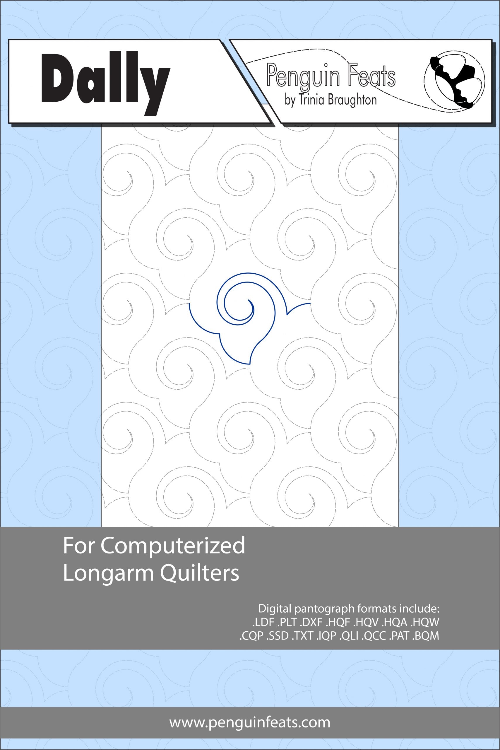Quilting design sheet for computerized longarm quilters with a blue and gray pattern on a white background.
