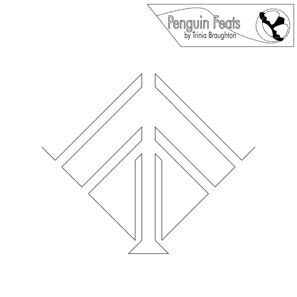 Black and white geometric design with 'Penguin Feats' logo at the top right corner on a white background.