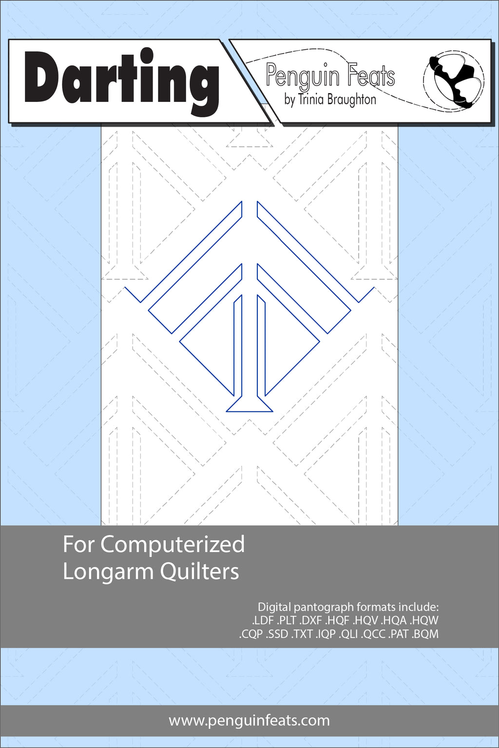 Darting pattern for computerized longarm quilters with a blue background