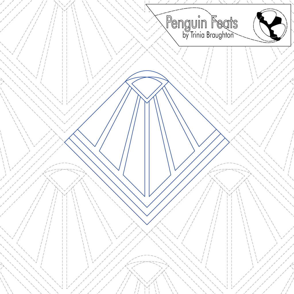 Quilting pattern with geometric design and 'Penguin Feats' branding.