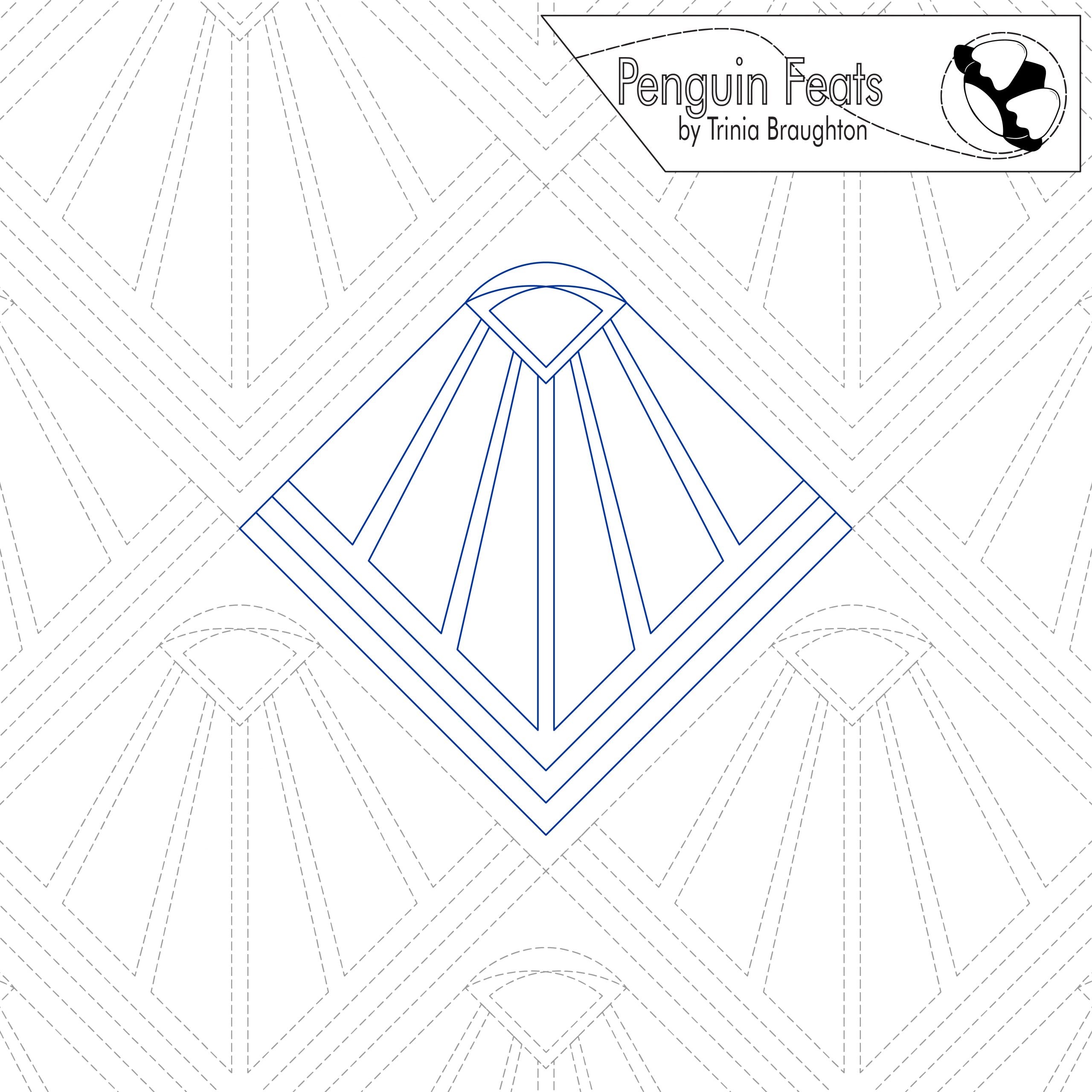 Quilting pattern with geometric design and 'Penguin Feats' branding.