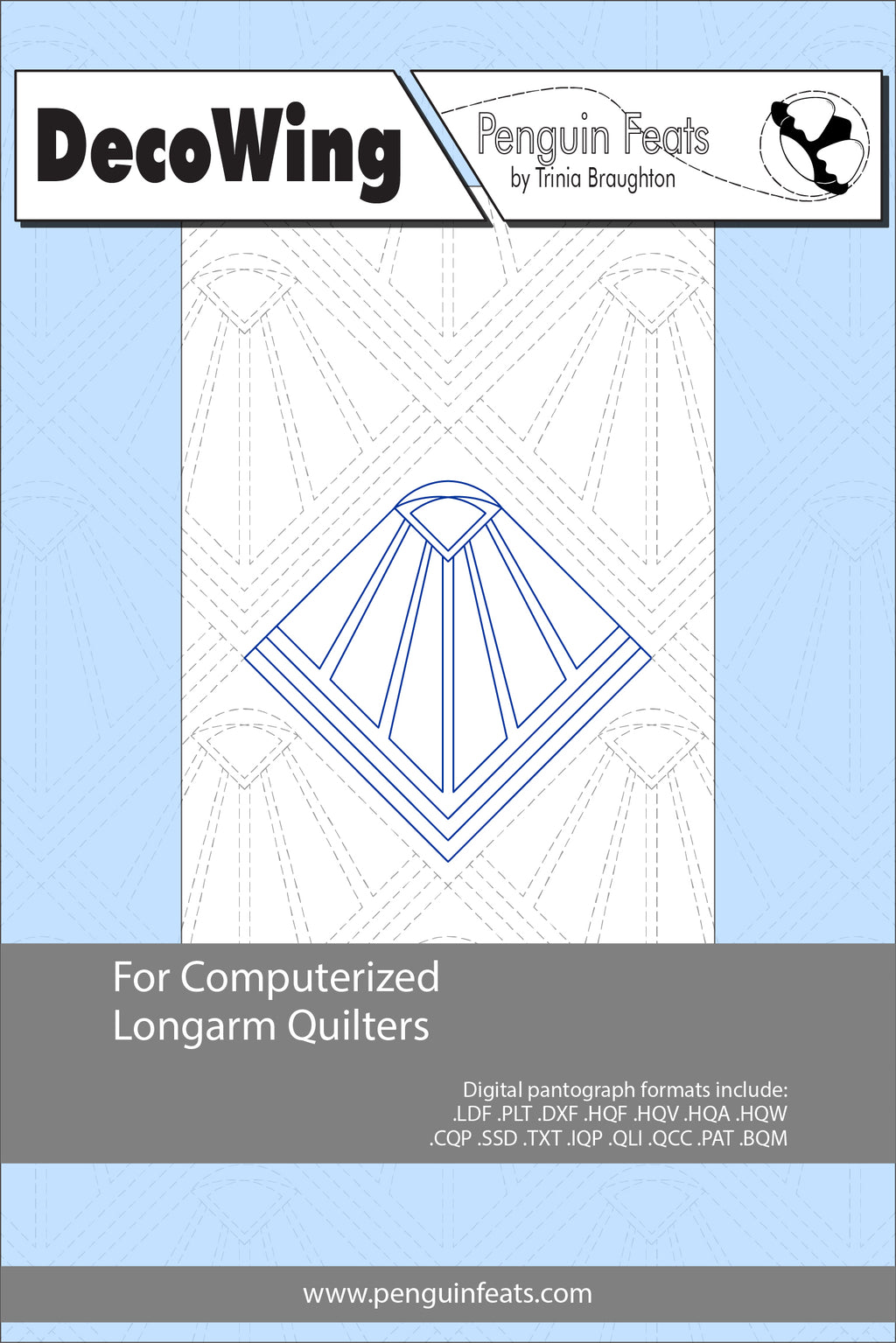 DecoWing pattern for computerized longarm quilters with a blue geometric design on a light blue background.