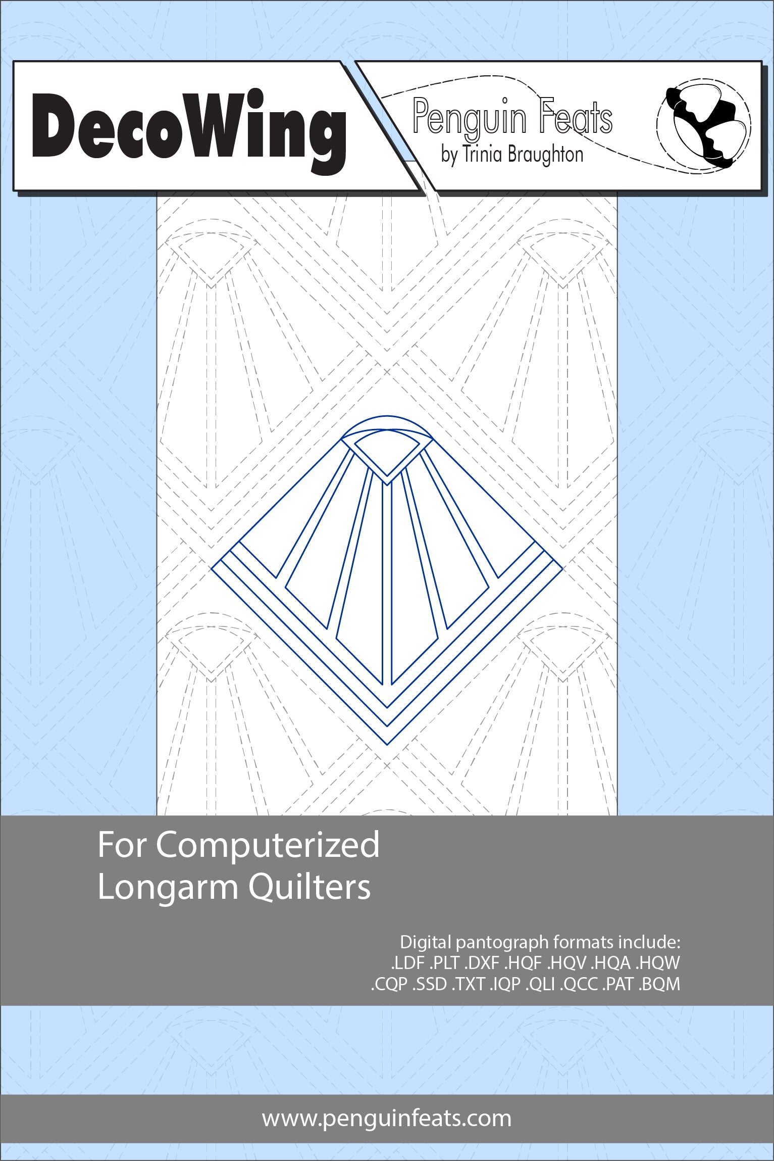 DecoWing pattern for computerized longarm quilters with a blue geometric design on a light blue background.