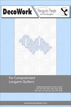 DecoWork design sheet for computerized longarm quilters with a blue and white pattern on a light blue background.