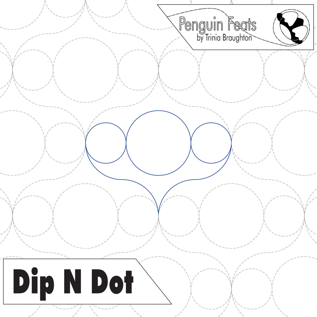 Pattern of circles titled 'Dip N Dot' with Penguin Feats branding on a white background