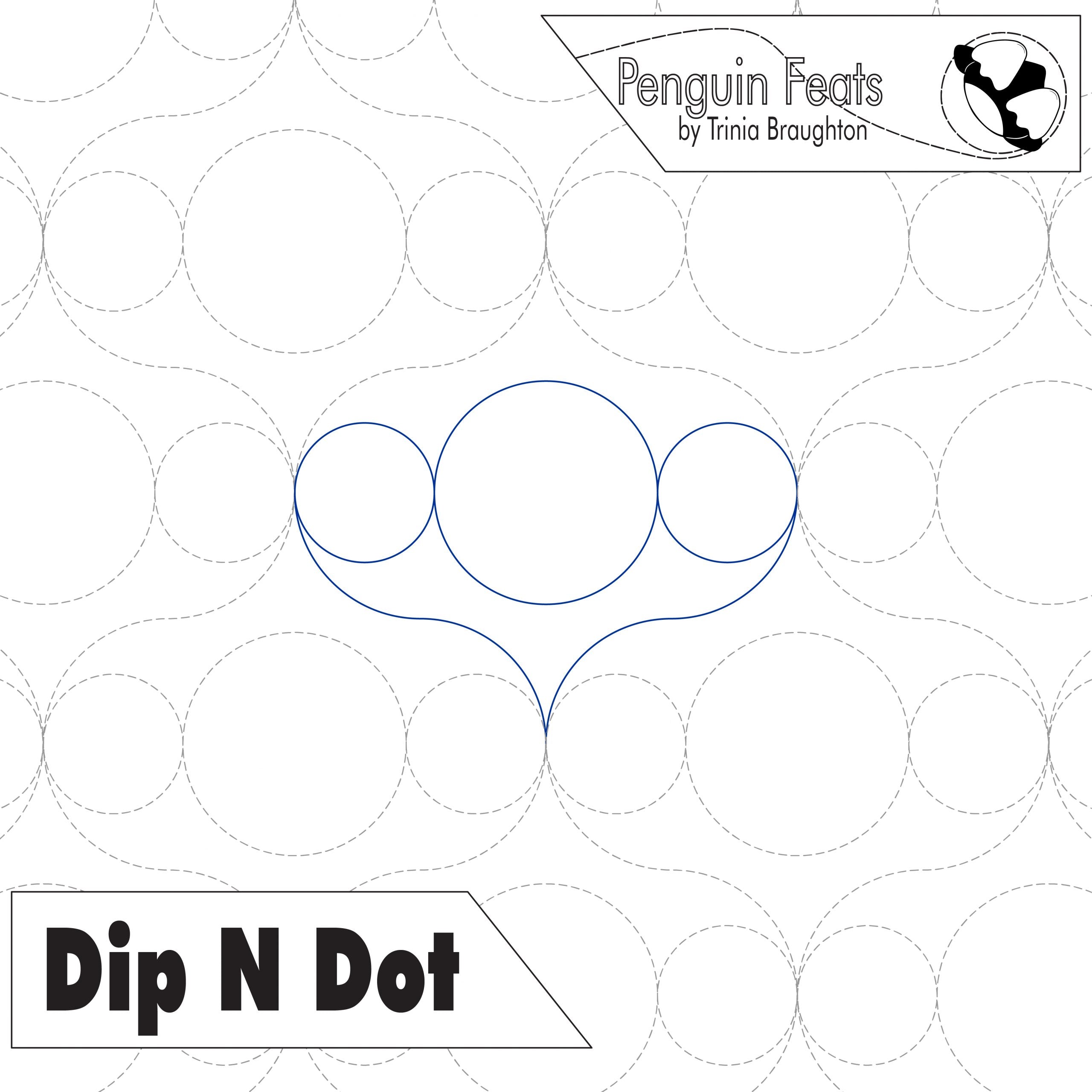 Pattern of circles titled 'Dip N Dot' with Penguin Feats branding on a white background
