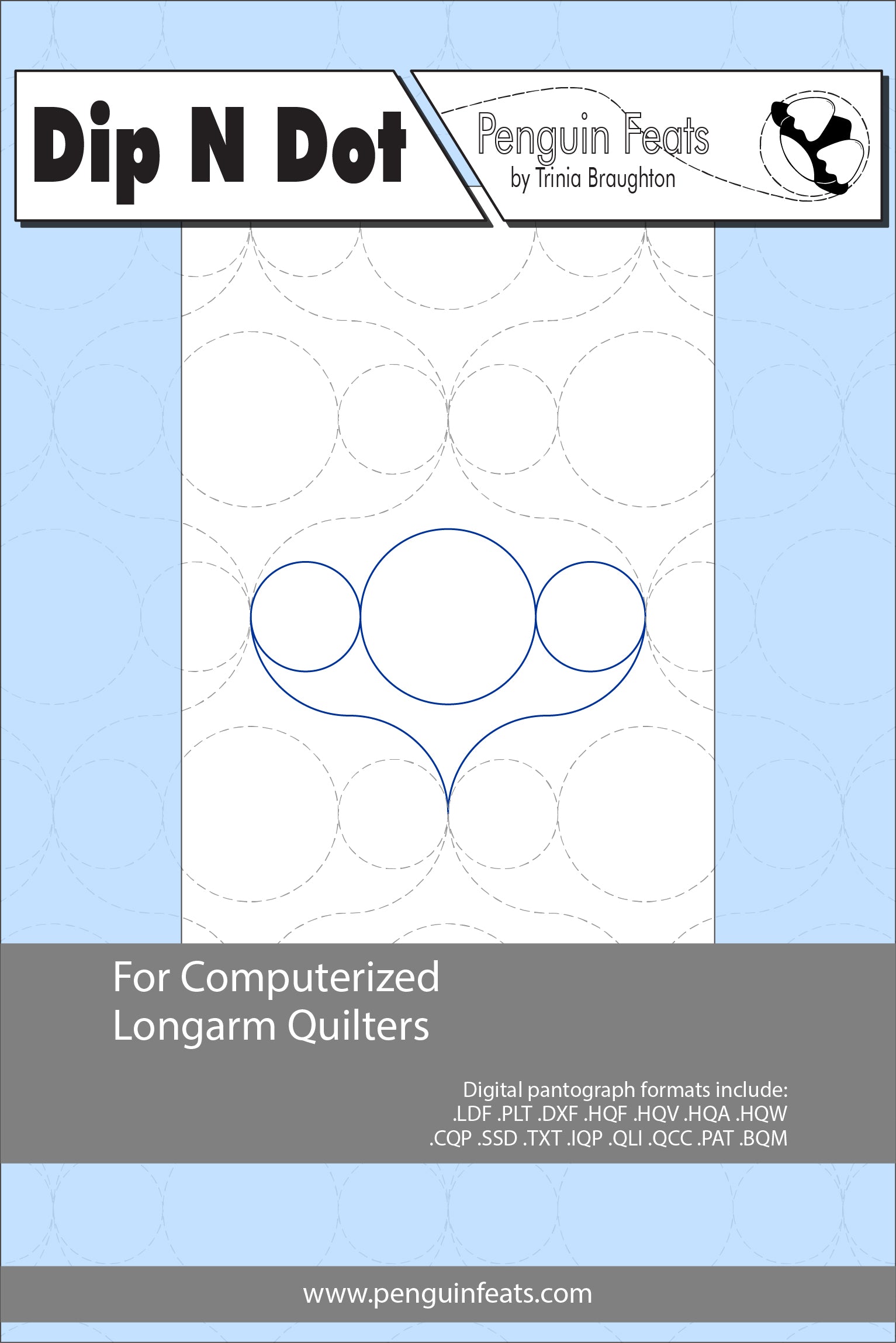 Dip N Dot pattern sheet for computerized longarm quilters with blue circles on a white background.