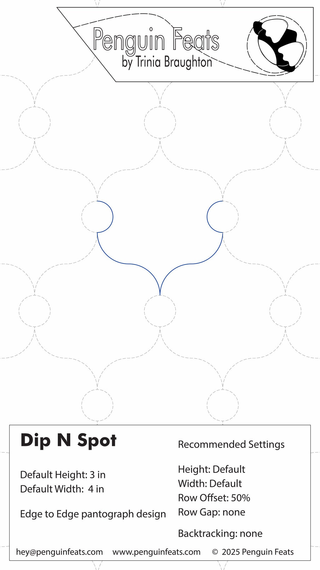 Design sheet for 'Dip N Spot' with recommended settings and branding information.