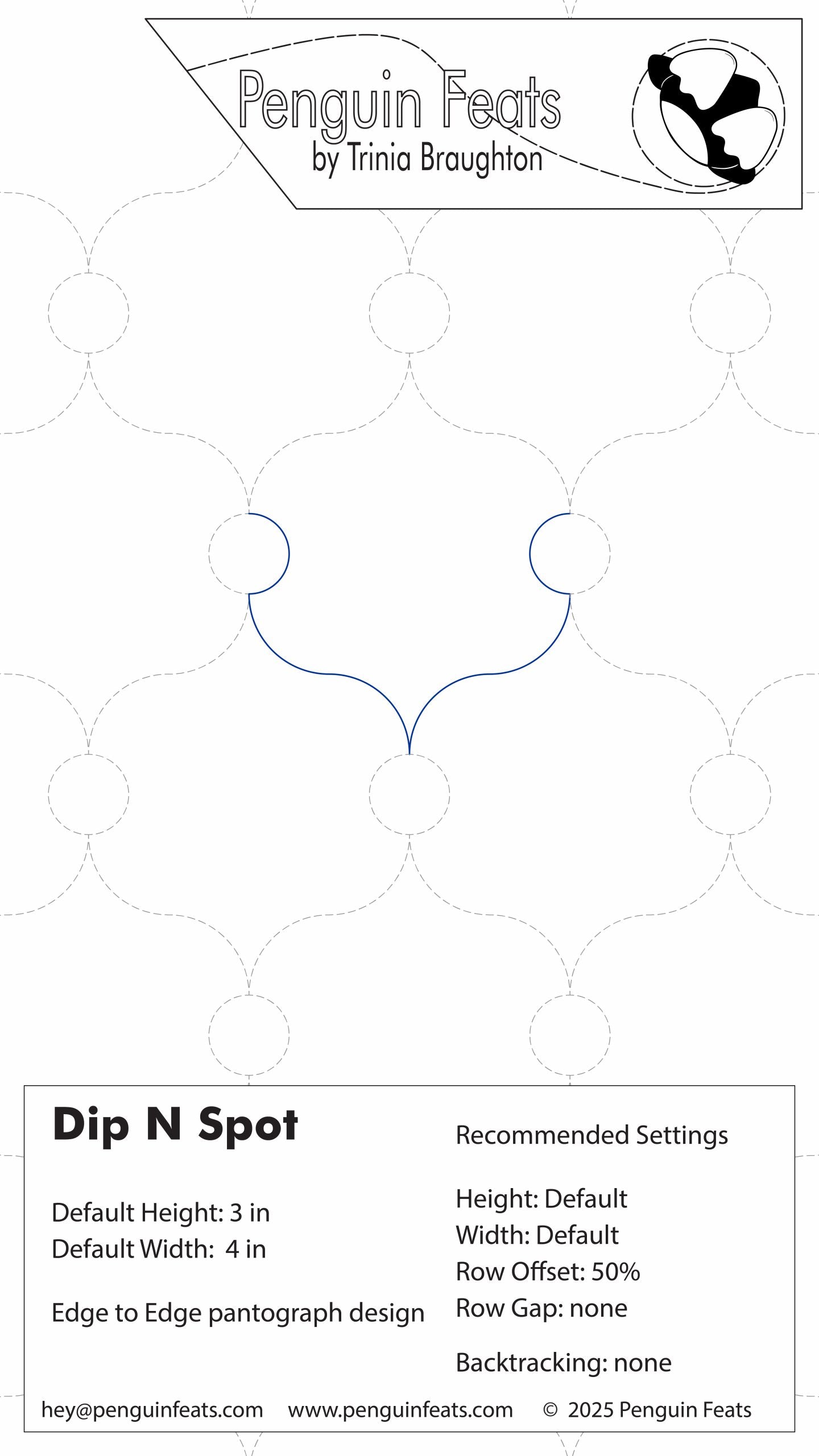 Design sheet for 'Dip N Spot' with recommended settings and branding information.