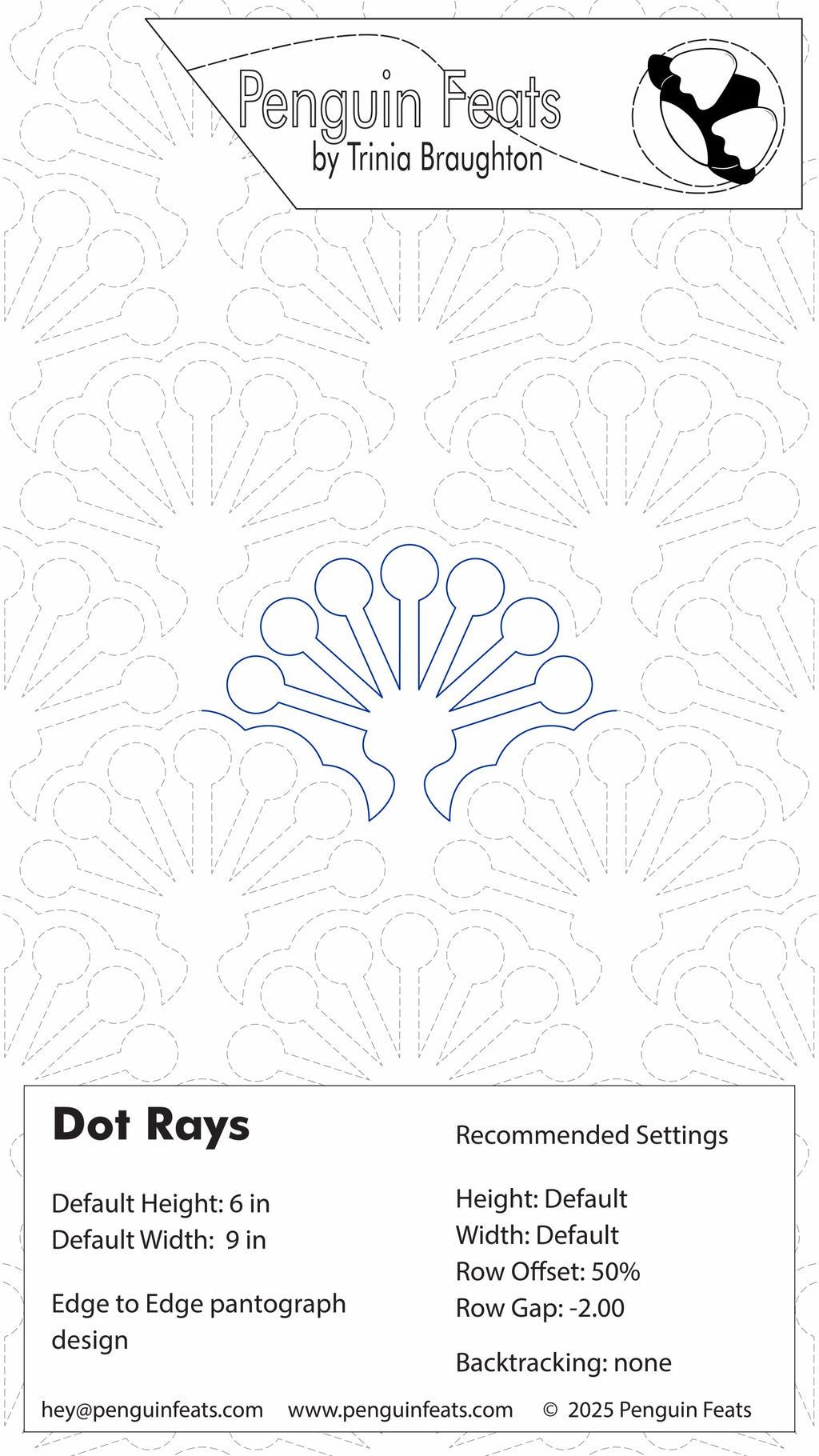 Dot Rays design settings with line drawing of curves and dots in a flowering ray pattern with text and branding at the top.