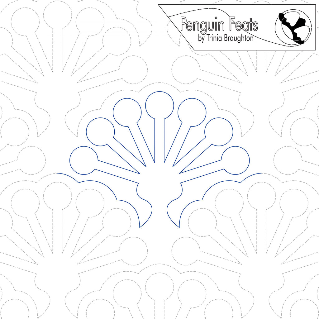 Outline of a peacock feather design on a white background with 'Penguin Feats' branding.