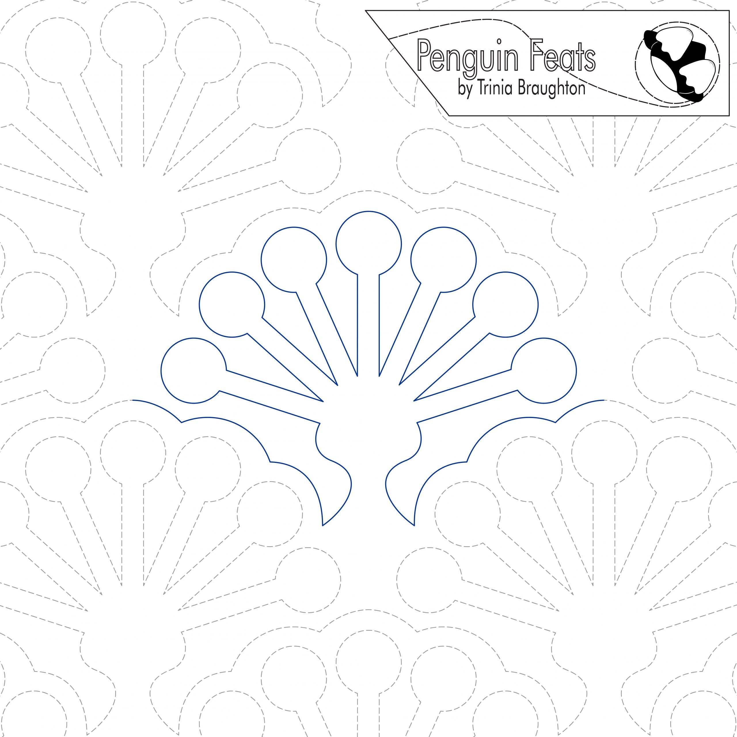 Outline of a peacock feather design on a white background with 'Penguin Feats' branding.
