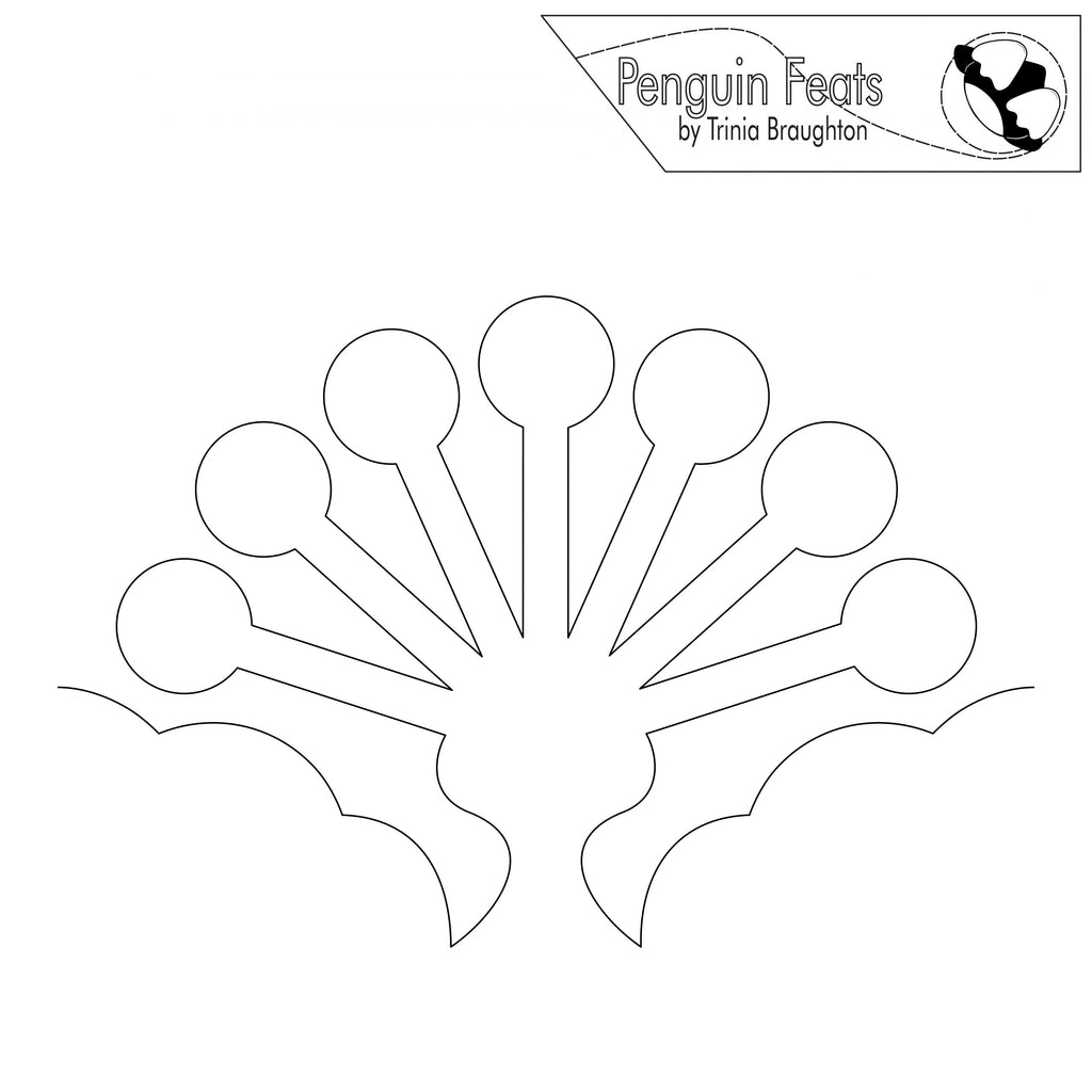 Black line drawing of a peacock feather with 'Penguin Feats' branding at the top.