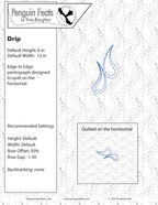 Penguin Feats pantograph design for quilting on horizontal with design settings and directions on a white background