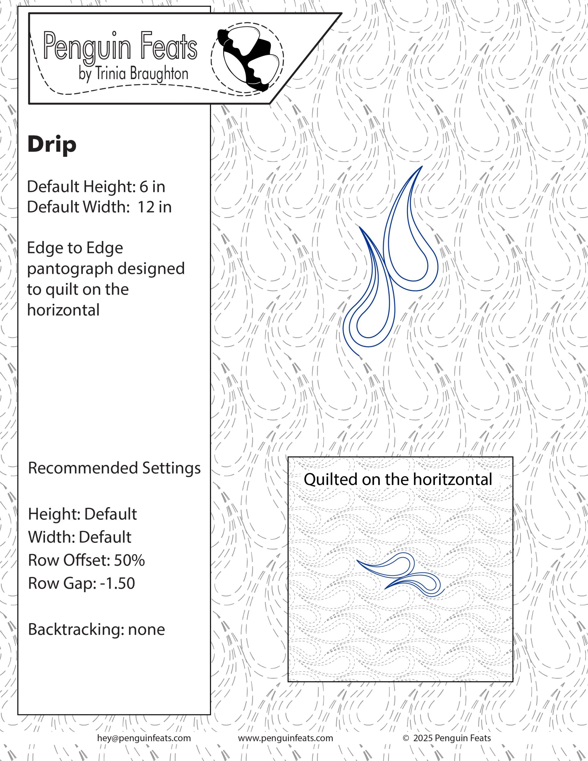 Penguin Feats pantograph design for quilting on horizontal with design settings and directions on a white background