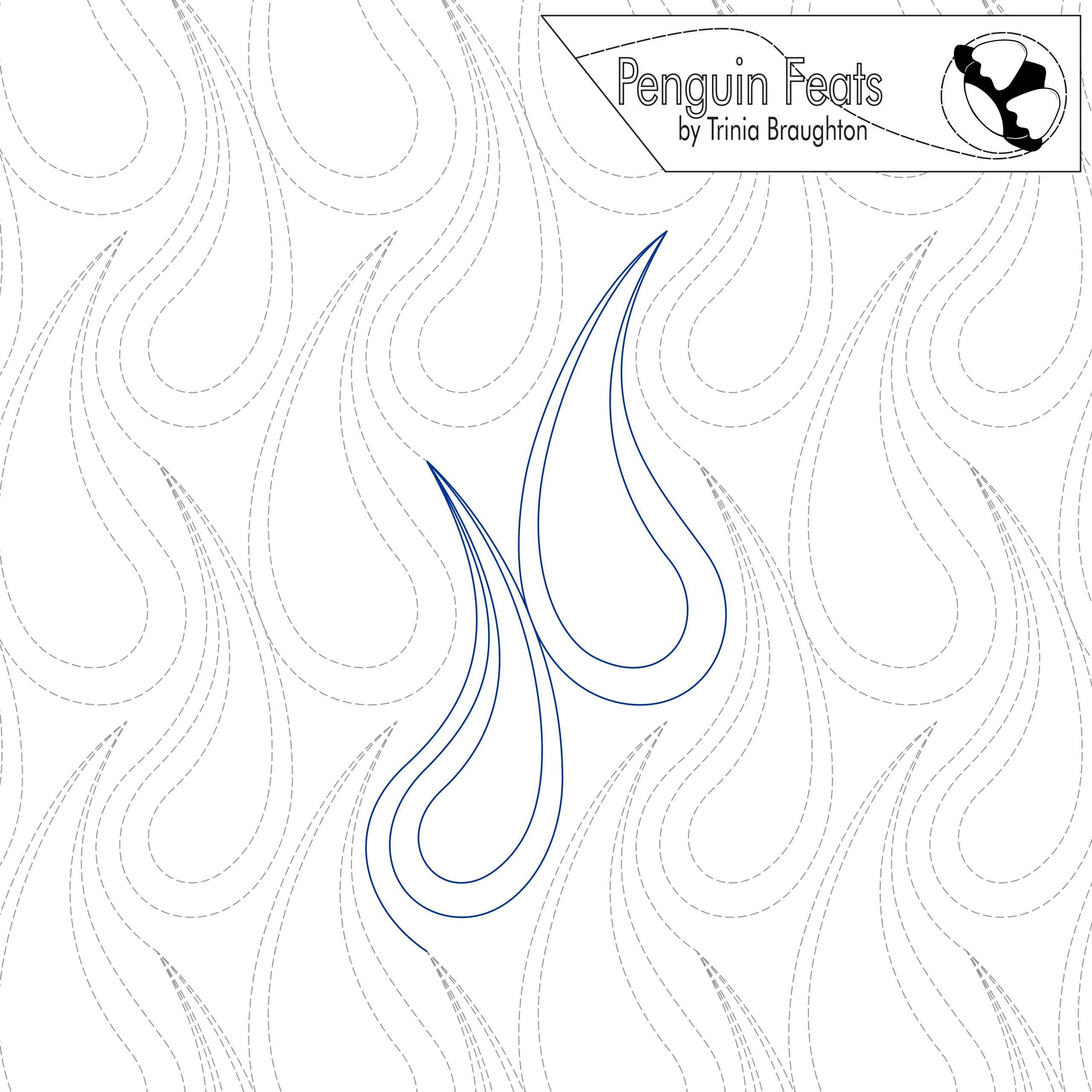 Pattern design with water drops on wavy lines and 'Penguin Feats' branding on a white background