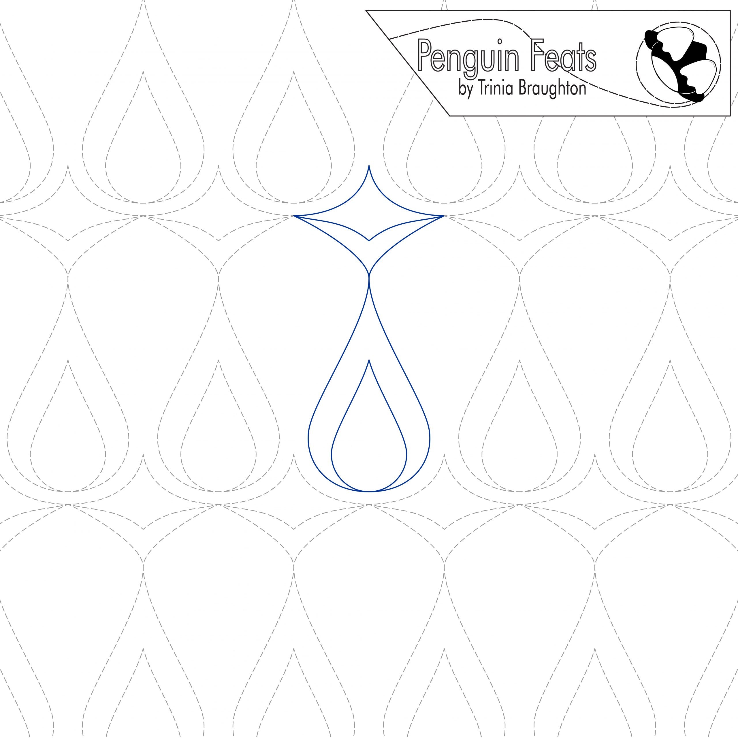 Quilting design pattern with 'Penguin Feats' by Trinia Braughton logo at the top right corner.