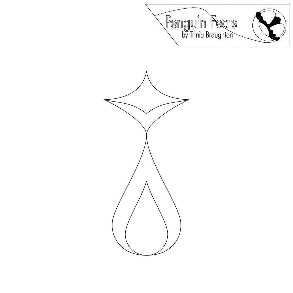 Black and white line drawing of a stylized water droplet with 'Penguin Feats by Trinia Braughton' logo above.