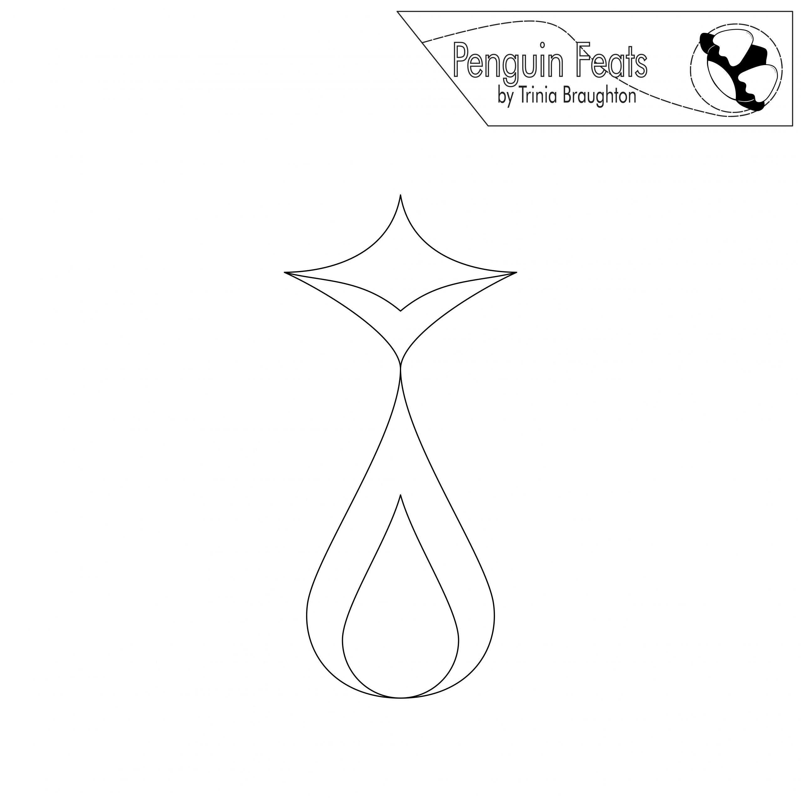 Black and white line drawing of a stylized water droplet with 'Penguin Feats by Trinia Braughton' logo above.