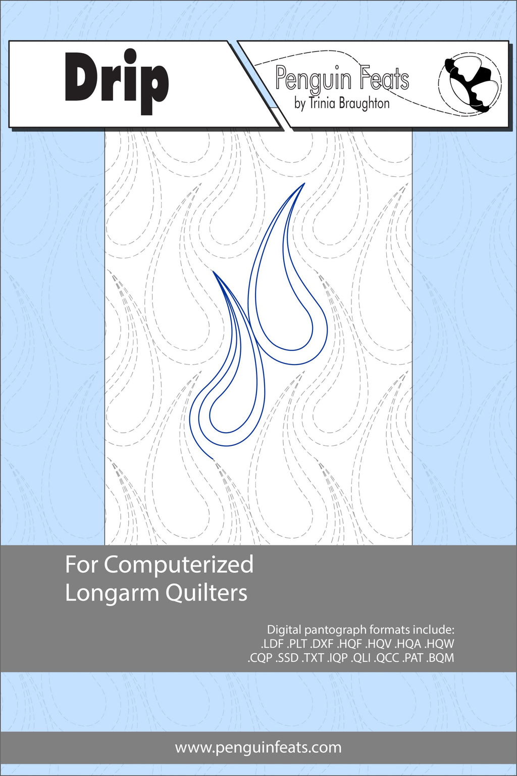 Quilting design sheet for computerized longarm quilters with a blue and gray design on a light blue background.